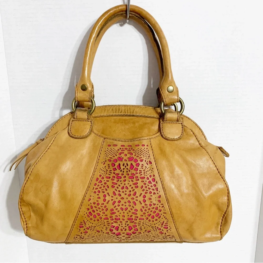 Lucky Brand Sunset Junction Lamb Leather Top Handled Satchel Cutout Front Pocket